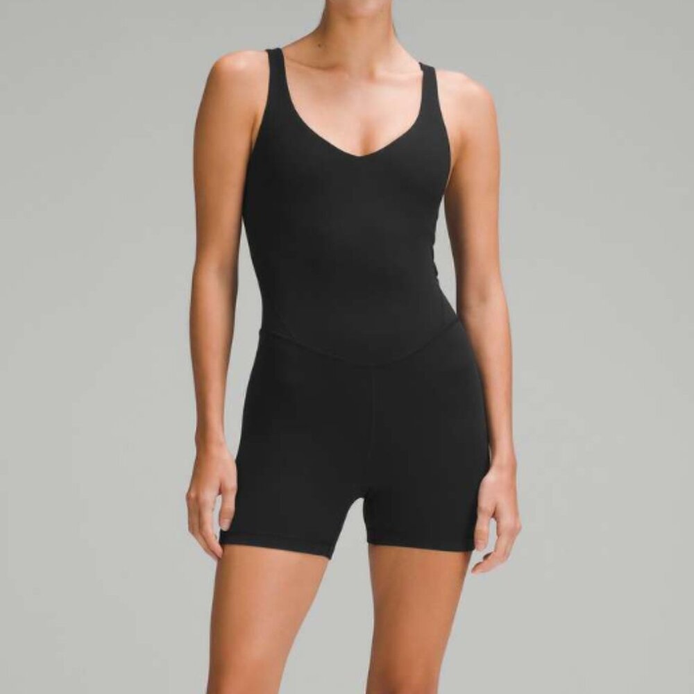 Lululemon Align Bodysuit Stars Logo Graphic Black Romper Shorts Jumpsuit Size 4